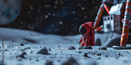 A tiny red spacesuit sits forlornly on an abandoned lunar base.