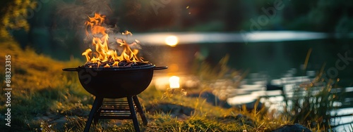 black grill with fire isolated on sunset lake background, camping weekends in nature, summer leisure time, relax and eat time