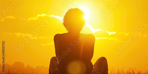 Sunset Yellow Transformation: Embrace the Light - A person sits in front of a breathtaking sunset, their back turned towards the viewer, radiating warmth and optimism in the golden yellow light