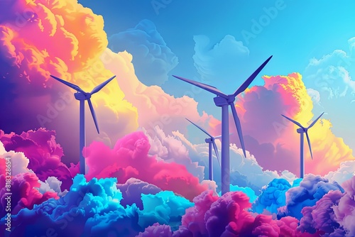 An Anime Styled Illustration of Wind Turbines. Global Wind Day. Clean Energy Concept