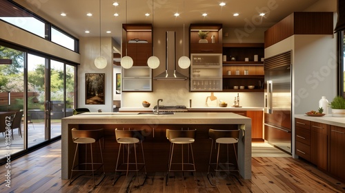 A modern kitchen with an island, bar stools, pendant lighting, and sleek cabinetry 