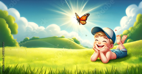 Junge Kind sitzt entspannt begeistert barfuß auf sommerlich grüner Wiese lacht lächelt im warmen Gras und bunte Blumen, Vorlage Hintergrund zur Gestaltung von Karten Werbung freie Fläche Sonne strahlt