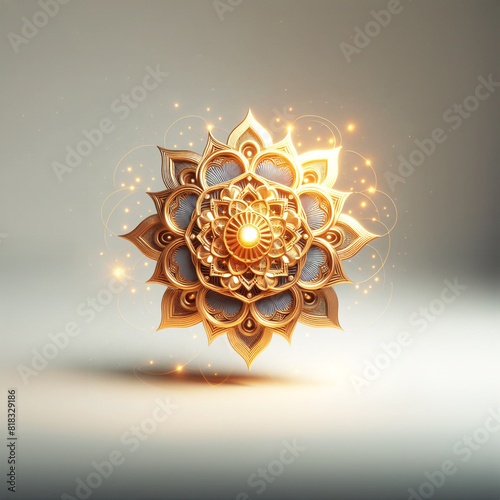 schwebendes 3D Mandala in Gold glänzend aus floralengeometrischen Mustern Schönheit pur vor Hintergrund weiß mit funkelnden Lichtern edle Schönheit zur Gestaltung spiritueller Inhalte Yoga Sutra Liebe