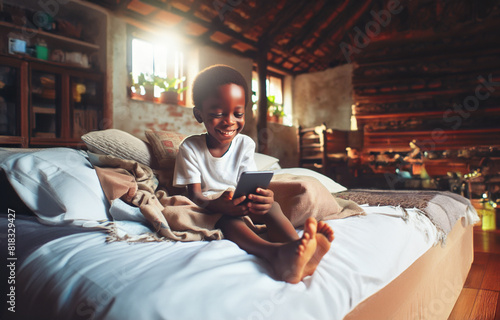 ein Kind Junge sitzt lächelnd barfuß auf Bett und hält Smartphone in Händen, schaut fasziniert auf moderne Technik, entspannte helle Umgebung zu Hause, Freizeit Hobby Erfahrung in der Kindheit, allein