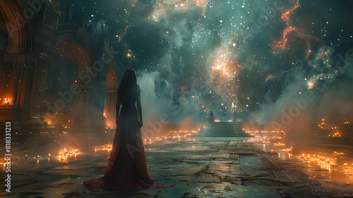 Enchanting image of a woman in a red dress standing in a mystical temple with a cosmic background. Perfect for fantasy themes, surreal art, magical designs, and imaginative storytelling.