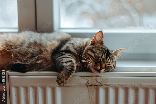Curled up cat naps above radiator with dangling tail in winter day