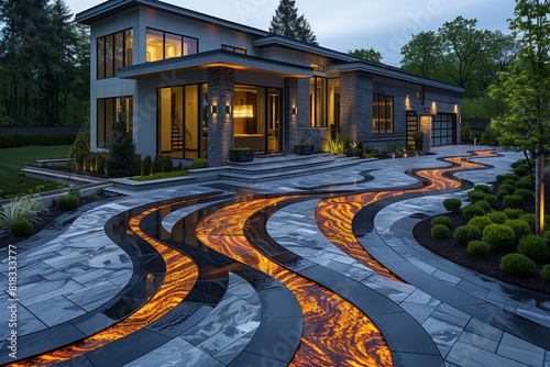Contemporary patterned driveway, featuring a bold design of dark basalt and light granite tiles arranged in a dynamic, abstract pattern