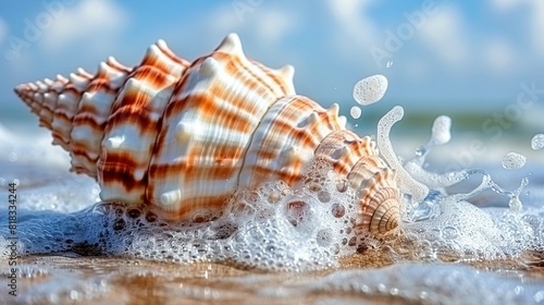  A detailed photo of a seashell on the shore, surrounded by water droplets and set against a backdrop of azure sky