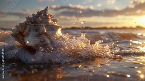 A detailed photo of a seashell submerged in water, framed by the setting sun in the background