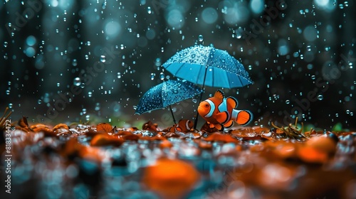  An orange clownfish under an umbrella in the rain