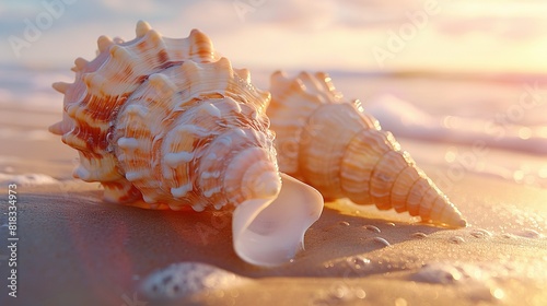  Close-up of two seashells on a beach with the sun shining through the clouds in the background