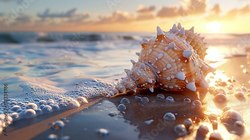  A close-up of a seashell on the beach under the sunshine through the clouds in the background