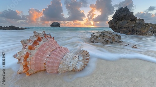  A zoomed-in photo of a seashell resting on a sandy shore beside a cliff and ocean waves in the backdrop