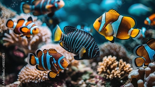  Group of clownfish swimming together amidst coral reefs with sea anemones