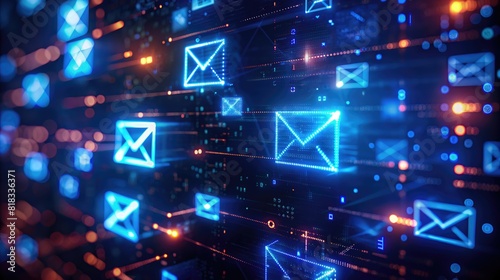A hologram of screenshots of unknown emails, visual images of mailboxes filled with unknown or suspicious emails. potential sweat risks, hacker, security