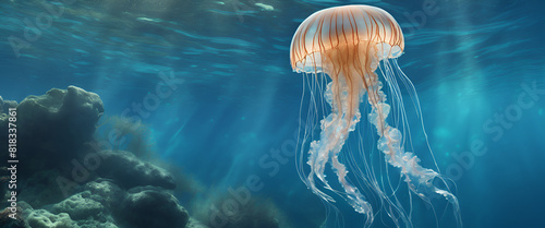 A serene underwater scene featuring a luminescent jellyfish gently drifting