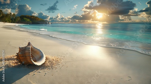  A seashell atop sandy beach beneath sunny clouds, overlooking ocean