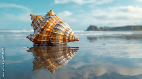  A detailed shot of a seashell resting on a water surface, with a distant mountain range visible in the backdrop