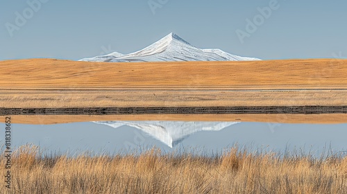  A vast expanse of water rests amidst a barren landscape, abutting a towering white peak capped with snow