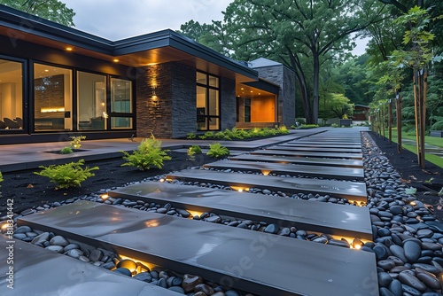 Modern minimalist driveway with a sleek, straight design using large, rectangular concrete slabs separated by lines of river rock.