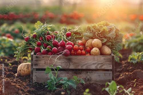Fresh vegetables, potato, radish, tomato, carrot, beetroot in wooden box on ground on farm at sunset. Freshly bunch harvest. Healthy organic food, agriculture, top
