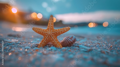  Starfish and seashell on sandy beach at night under bokeh of lights background