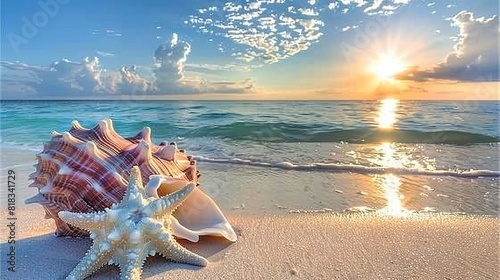  A seashell and starfish rest on a beach as the sun descends, casting clouds above