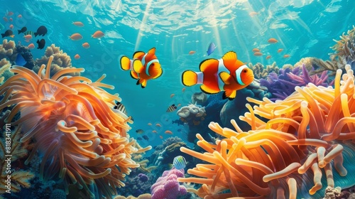 Anemonefishes in an anemone amongst a coral reef