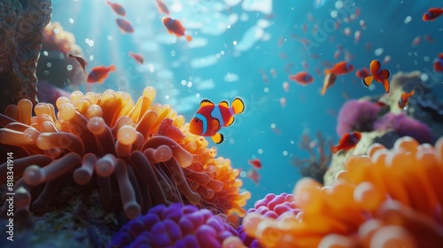Anemonefishes in an anemone amongst a coral reef