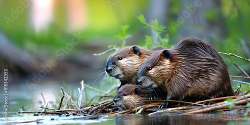 A North American beaver family building a dam in a Canadian river. Concept Wildlife Photography, Canadian Beaver, River Ecosystem, Animal Behavior, Nature Conservation