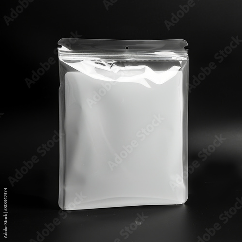 A clear plastic bag with a white label