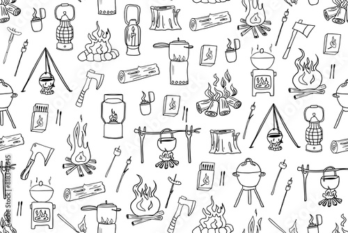 Seamless pattern of camping elements in doodle style. Campfire, matches, box of matches, tourist ax, lighter, struck match, log, wooden block, bonfire. Travel design. Hand drawn. Great for poster