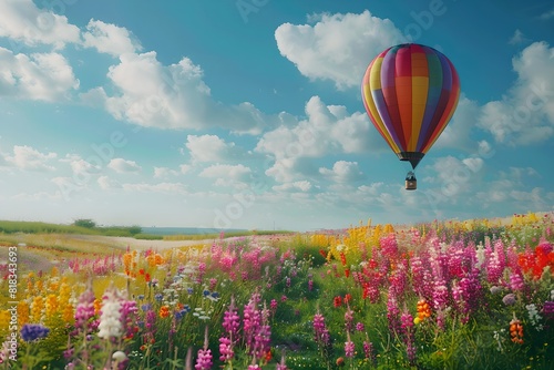 Hot air balloon over a field of flowers. Summer travel and adventure concept. Beautiful landscape. Design for banner, wallpaper, poster with copy space