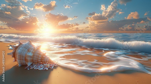  A seashell rests on the shore as the sun descends upon the sea and the waves crash onto the sand