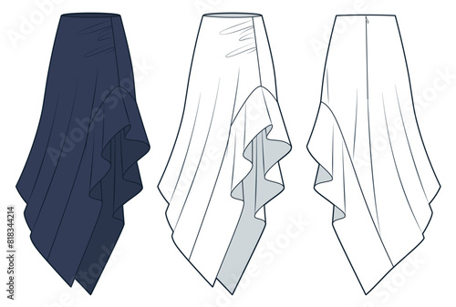 Asymmetric maxi Skirt technical fashion illustration. Ruffle Skirt fashion flat technical drawing template, draped, back zipper, front and back view, white, blue, women Skirt CAD mockup set.