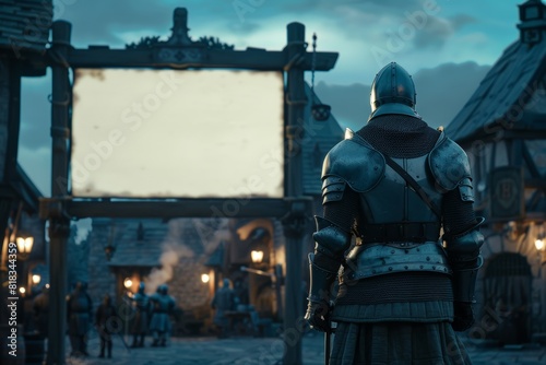 A knight in gleaming armor stands guard, overlooking a blank medieval billboard amidst a bustling market town at twilight