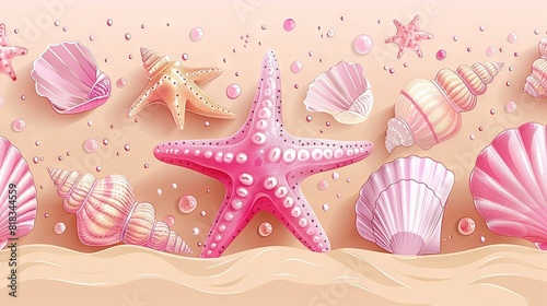  A pink starfish, seashells, and seashells are on the ocean floor's sand