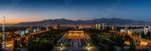 Stylized Evening View of Bishkek with Illuminated Buildings and Mountain Range