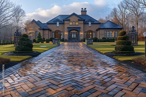 Sophisticated brick driveway, laid in a basket weave pattern, leading up to a vintage-inspired home.