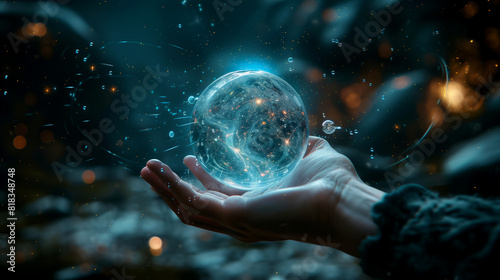 A hand reaches out to touch a glowing sphere, symbolizing humanity's quest to understand the universe. 
