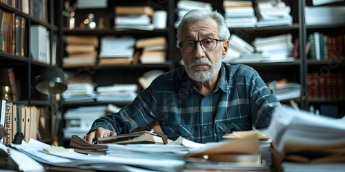 Image of frustrated retiree organizing charity fundraiser amidst cluttered desk paperwork. Concept Retirement, Fundraising, Organization, Frustration, Clutter
