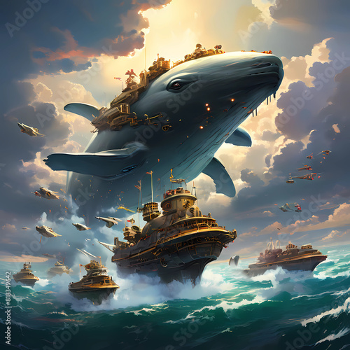 Whale Ship In The Sky With Fleet Of Ships Approaching Battle