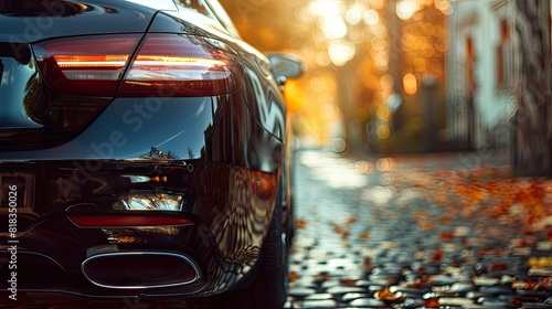Close-up rear view of a black car parked on the street, city street, autumn trees reflecting from the hood and taillights, urban setting with buildings in the background.