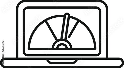 Black line art icon of a laptop with a speedometer on the screen, symbolizing performance measurement