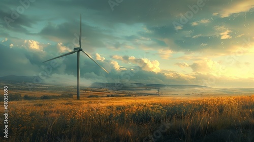 Wind turbine in the middle of an open field, surrounded by fields and hills under a cloudy sky