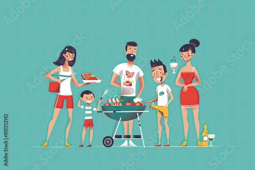 A vibrant cartoon 2D illustration of a family having a barbecue, with a grill, food, and cheerful characters, isolated on a solid light blue background, capturing the fun of outdoor cooking.