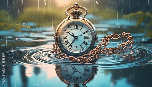 old watch in the water puddle with rain raining.