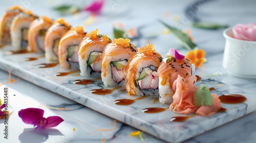 Japanese uramaki sushi rolled with fresh salmon