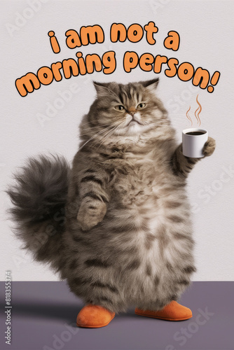 Grumpy Fluffy Cat Holding Coffee Mug Expresses Morning Mood