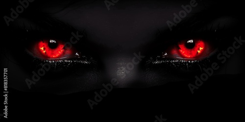 A close-up of two vibrant red female devil eyes staring directly into the darkness.